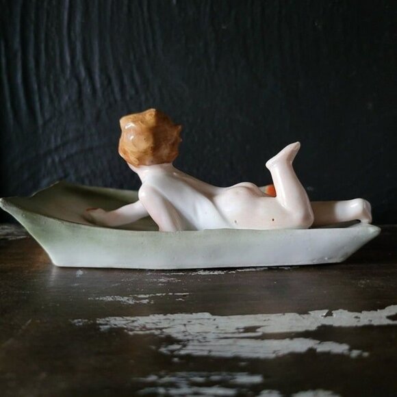 Antique Pin Dish Baby Swimming German Bisque Circa 1900, Antique Trinket Dish - Picture 5 of 10